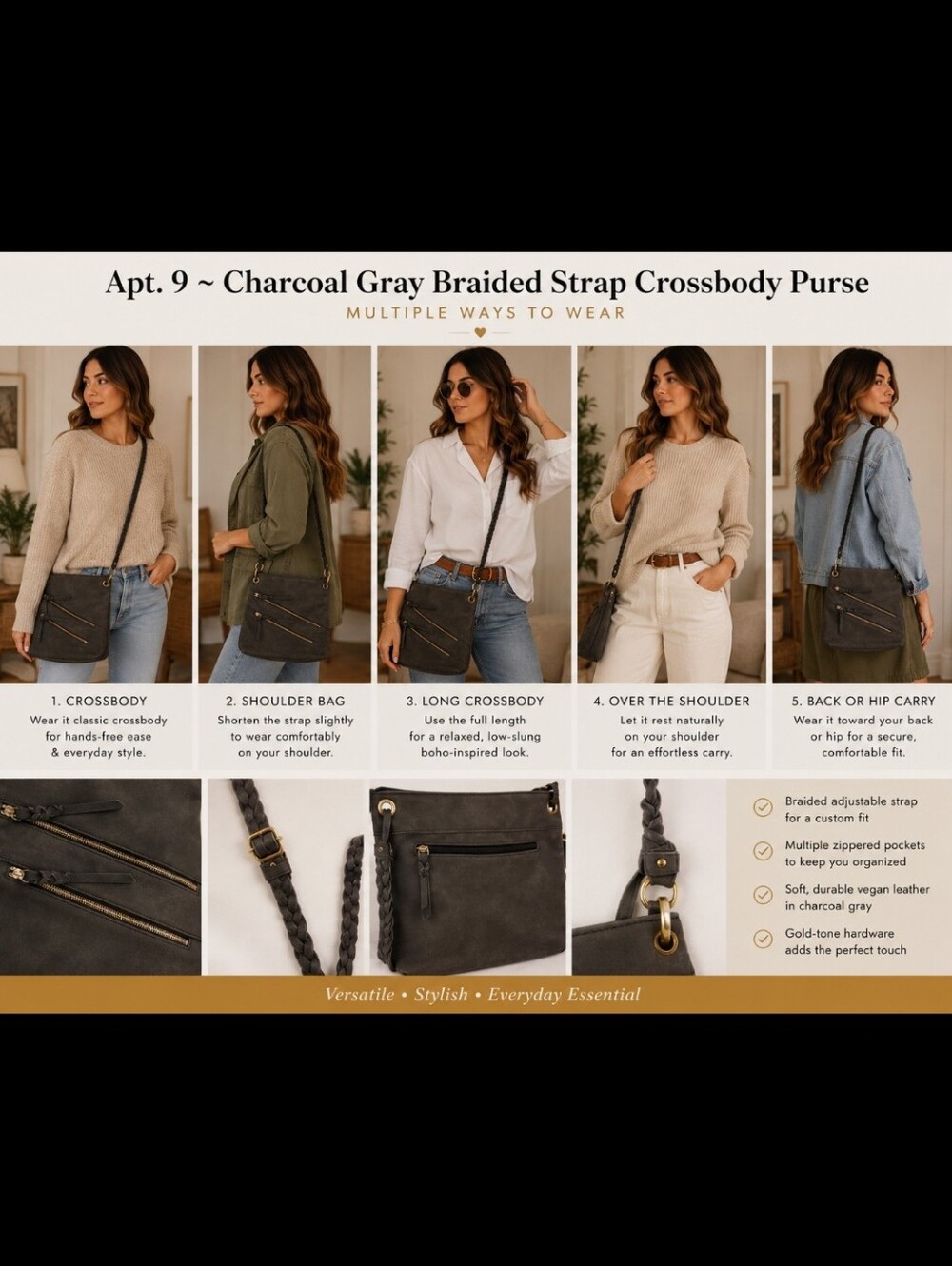 Apt. 9 ~ Charcoal Gray Braided Strap Crossbody Purse with Zippered Pockets